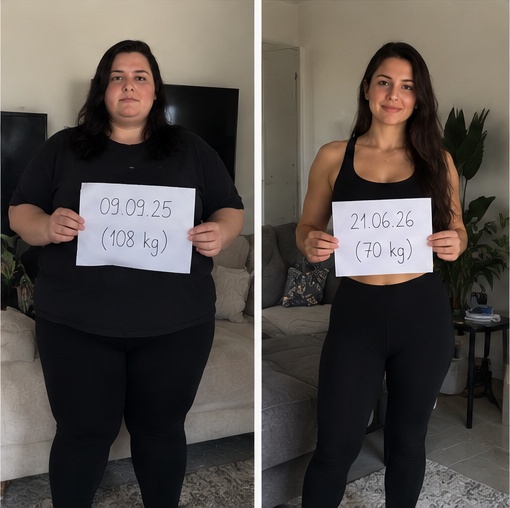 Przed: 108 kg (09.09.25); Po: 70 kg (21.06.26)