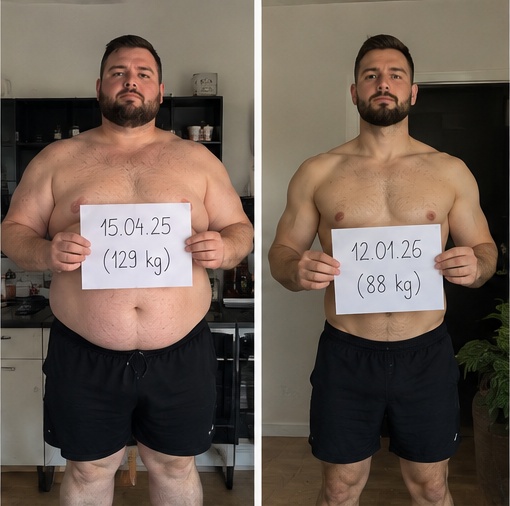 Przed: 129 kg (15.04.25); Po: 88 kg (12.01.26)